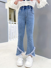 Girls Flared Denim Pants with Lace Trim for Kids