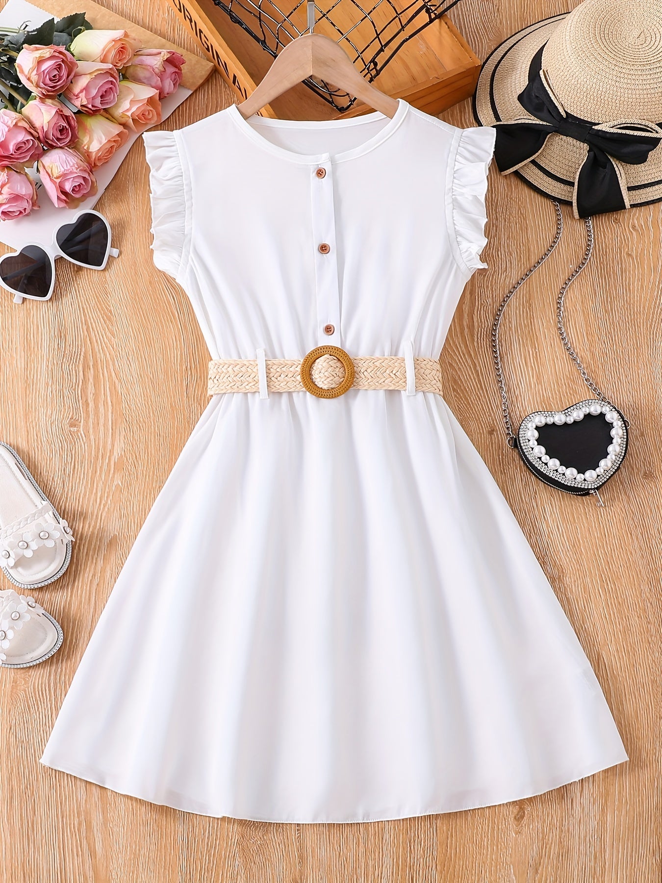 Girls' Casual Dress Thin Frilled Sleeveless A Line Dress With Belt