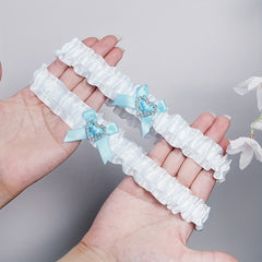 Bridal Elastic Crinkle Band Sock Strap Set Rhinestone Bowknot Ribbon Leg Band
