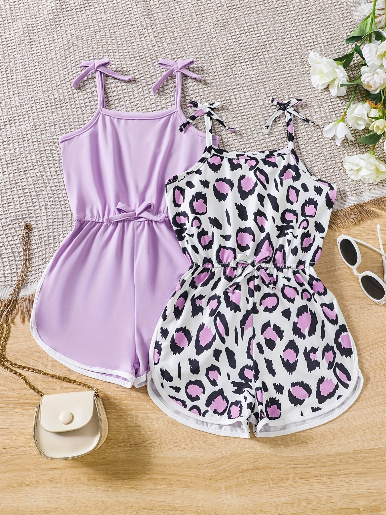 Toddler Girls Leopard Bow Shoulder Rompers Jumpsuits Set