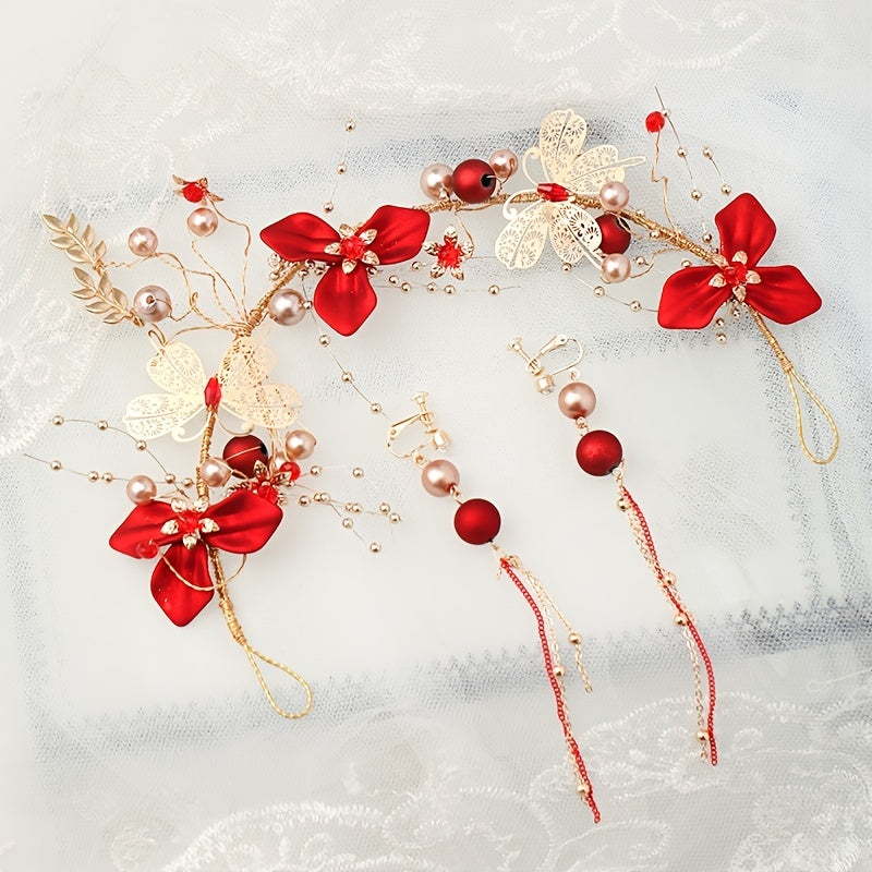 Chinese Style Red Flower Bridal Hair Accessories Set