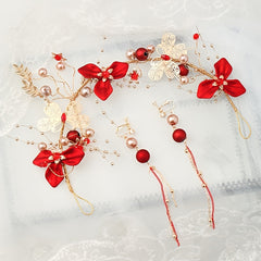 Chinese Style Red Flower Bridal Hair Accessories Set