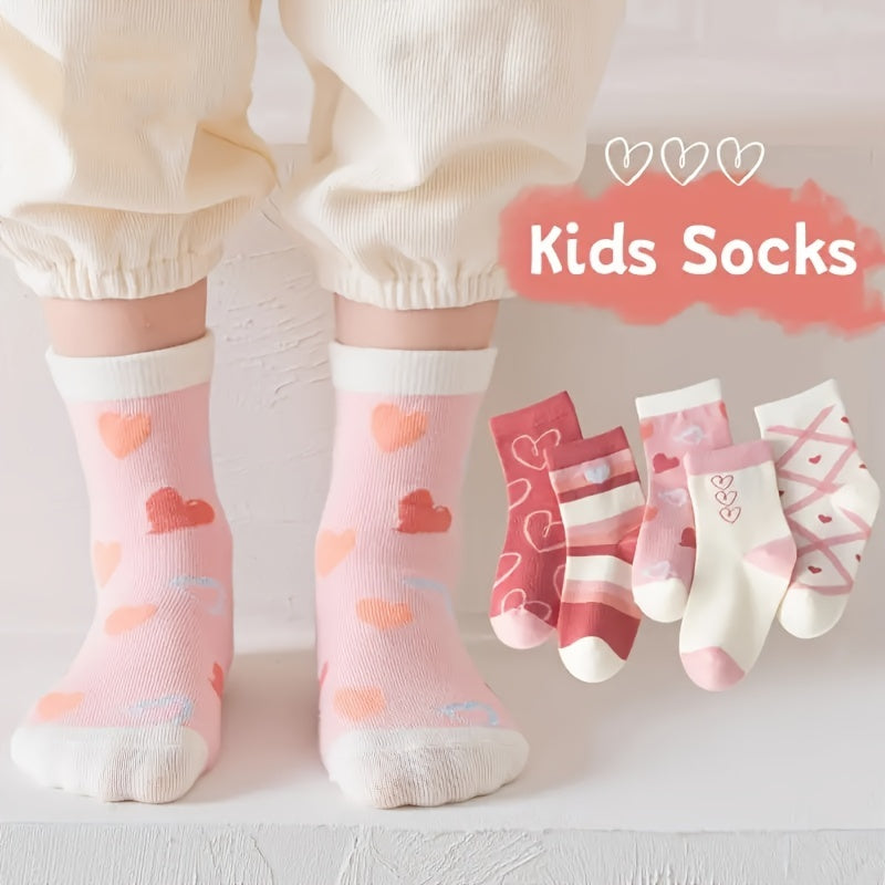 10 Pairs Girl's Cartoon Love Heart Knitted Socks Cotton Breathable Crew Socks