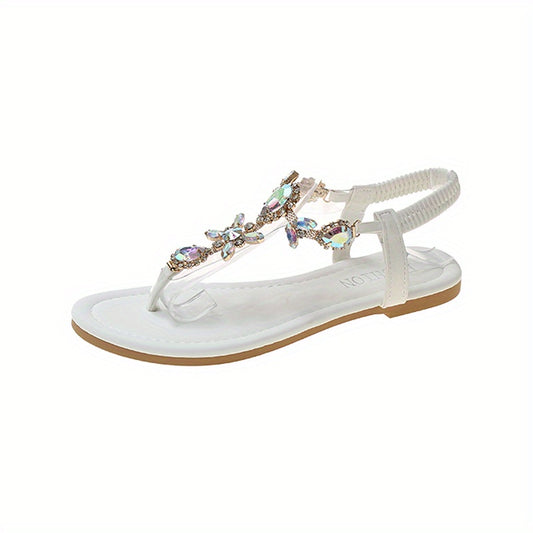 Women's Rhinestone Flat Sandals T Strap Slip On Shoes