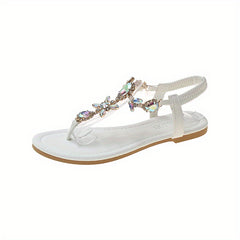 Women's Rhinestone Flat Sandals T Strap Slip On Shoes
