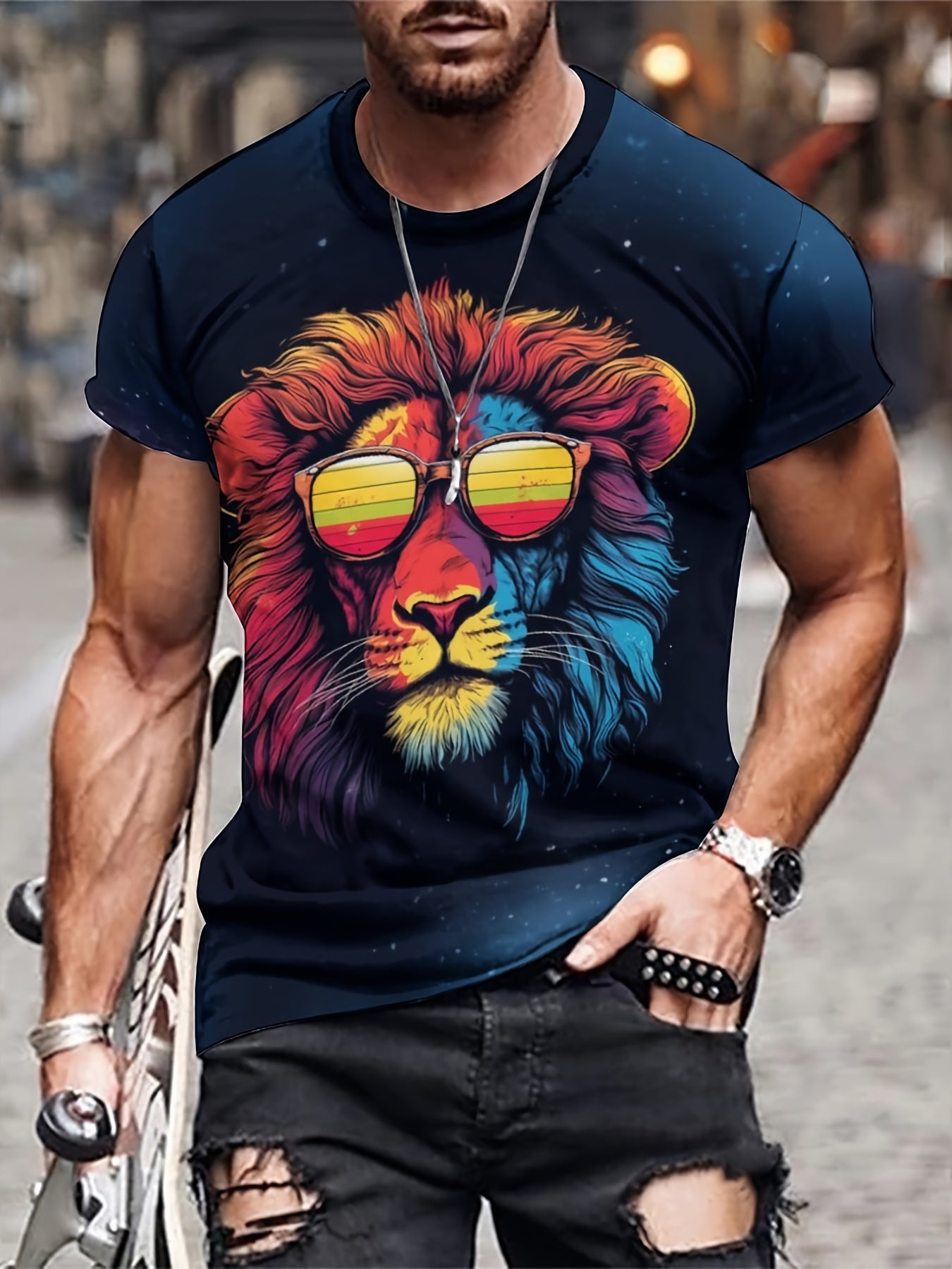 Men's 3D Lion T-shirt Stretchy Breathable Tee