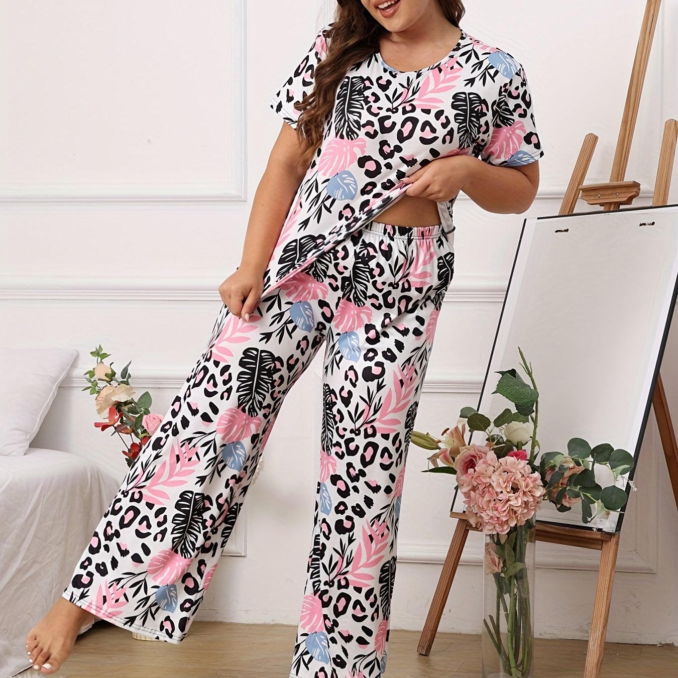 Boho Pajama Set Women's Plus Leopard & Tropical Print Tee & Pants