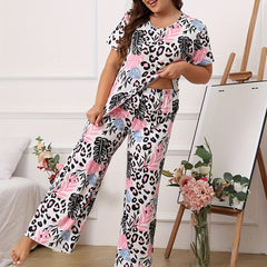Boho Pajama Set Women's Plus Leopard & Tropical Print Tee & Pants