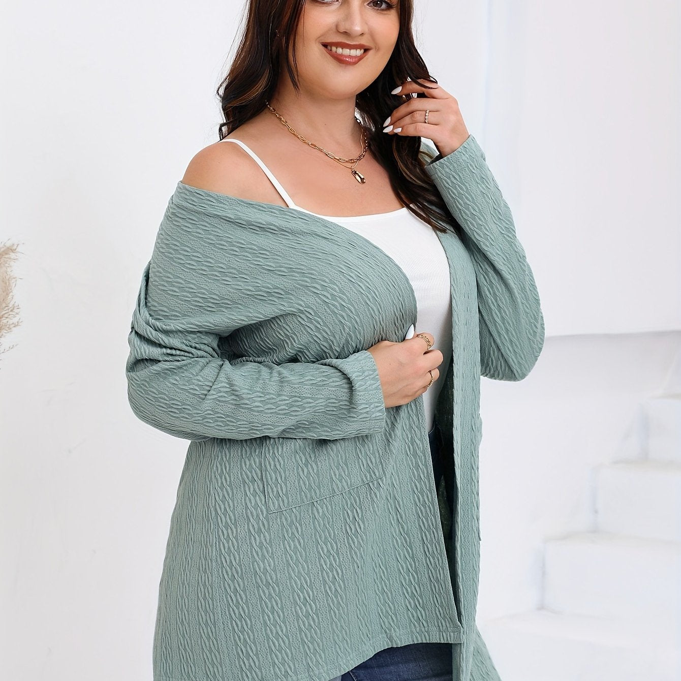 Casual Cardigan Women's Plus Solid Open Front Knitted Cardigan