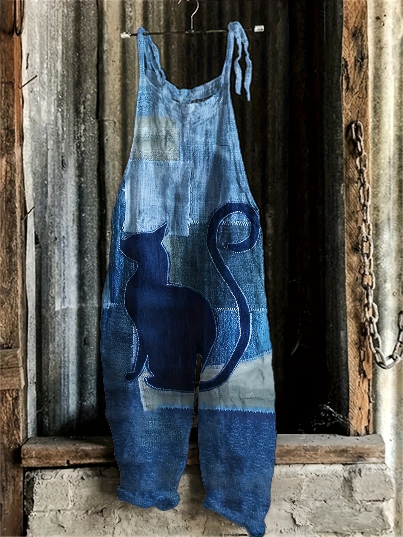 Plus Denim & Cat Print Tie Shoulder Jumpsuit