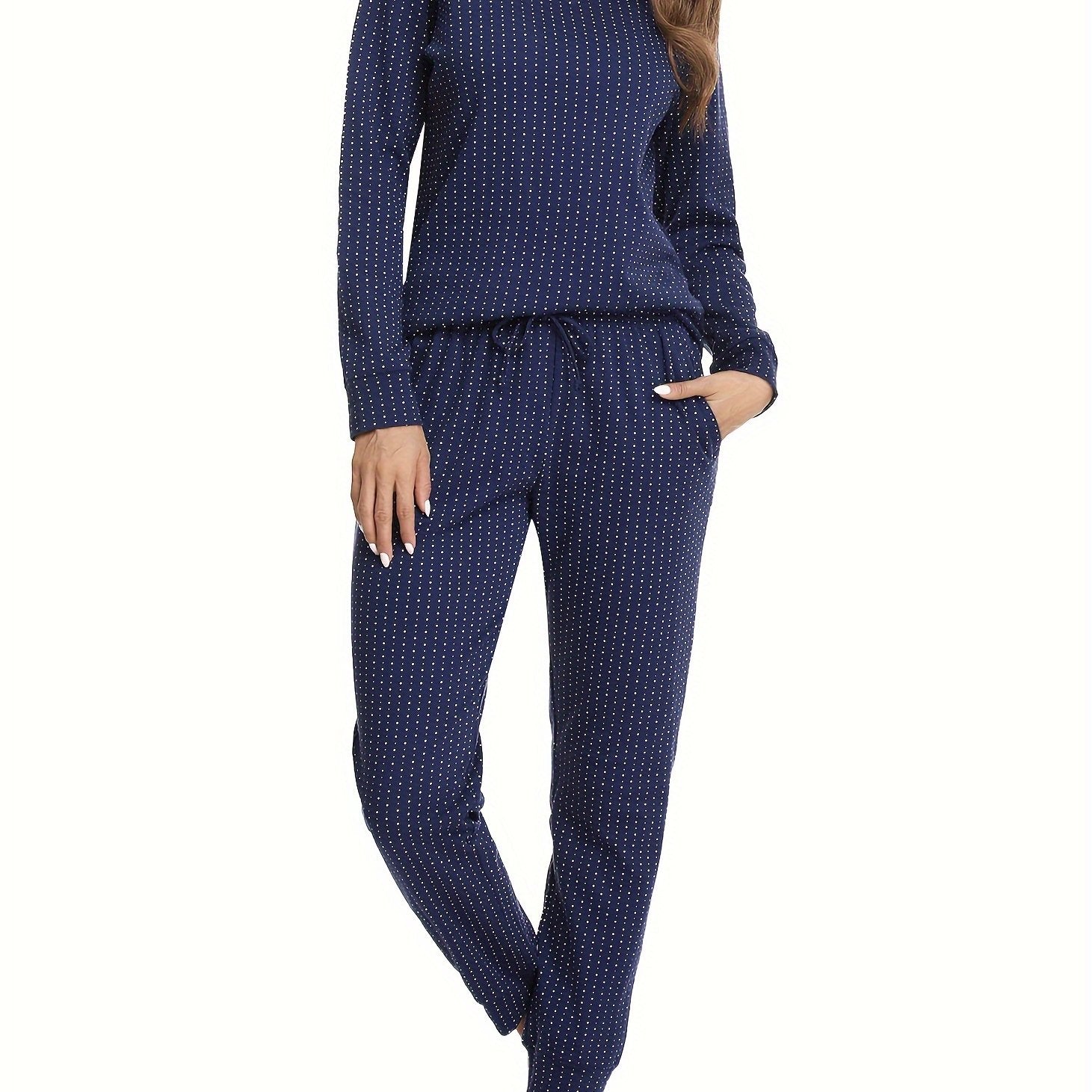 Polka Dot V-Neck Lounge Set Long Sleeve & Pants Women's Loungewear