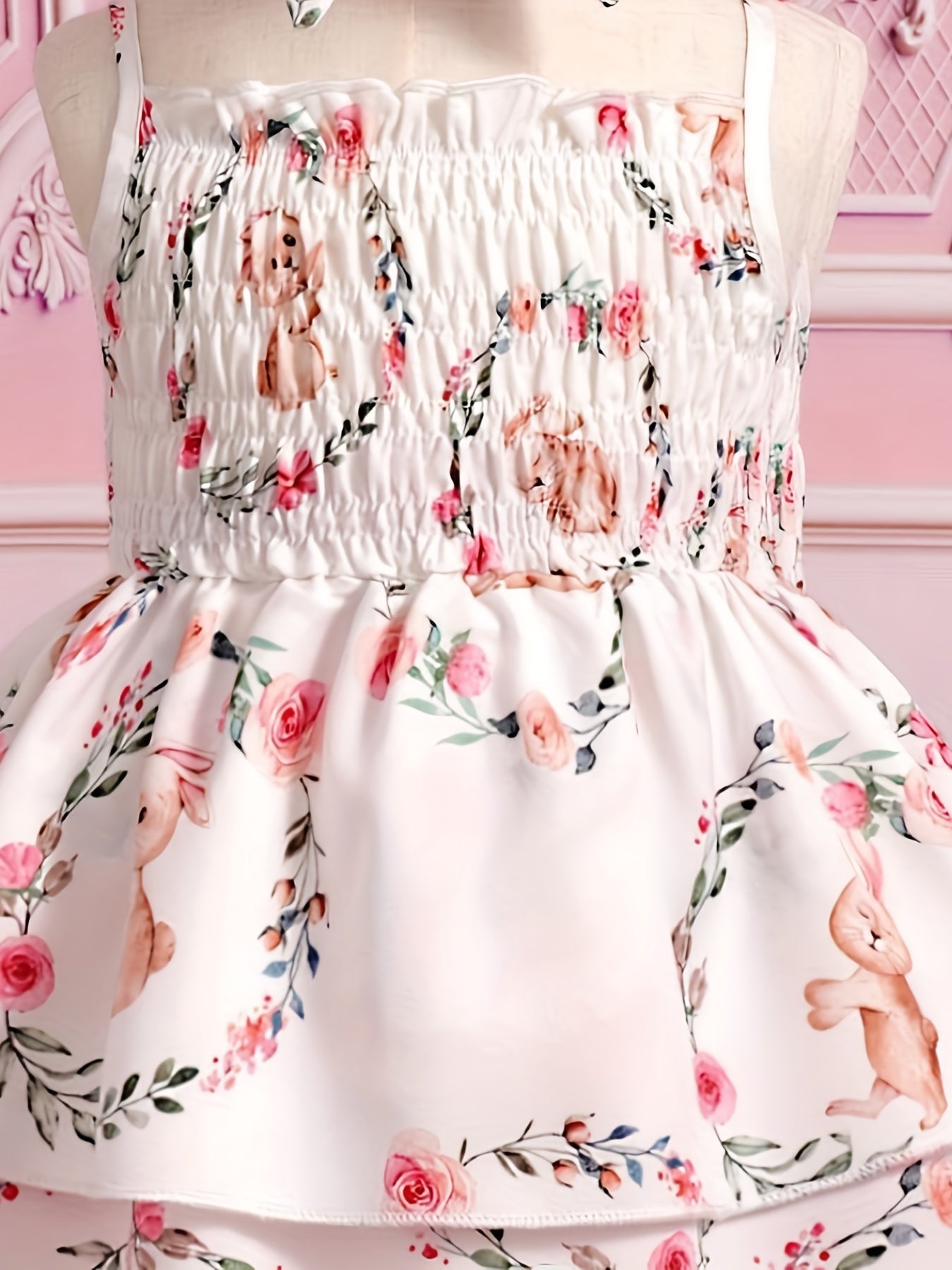 Cute Bunny & Flower Print Puffy Cami Gown Dress
