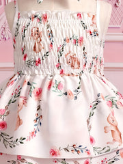 Cute Bunny & Flower Print Puffy Cami Gown Dress