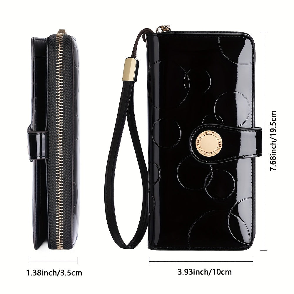 Patent Leather Long Wallet for Women with Zipper Closure