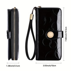 Patent Leather Long Wallet for Women with Zipper Closure