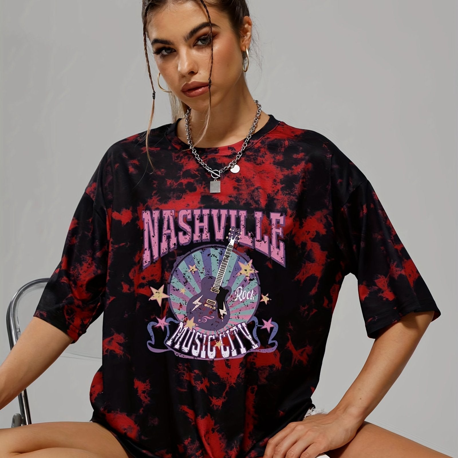 Tie Dye Rock Music Tee Round Neck Summer T-shirt Women's Clothing