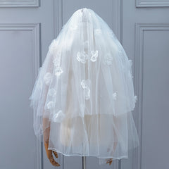 Puffy Headdress Lace Bridal Veil with Comb Satin Bowknot Veil
