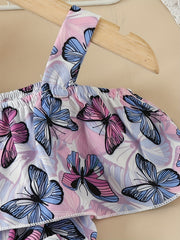 Toddler Girls Butterfly Graphic Princess Dress Cold Shoulder Ruffle Trim Belted