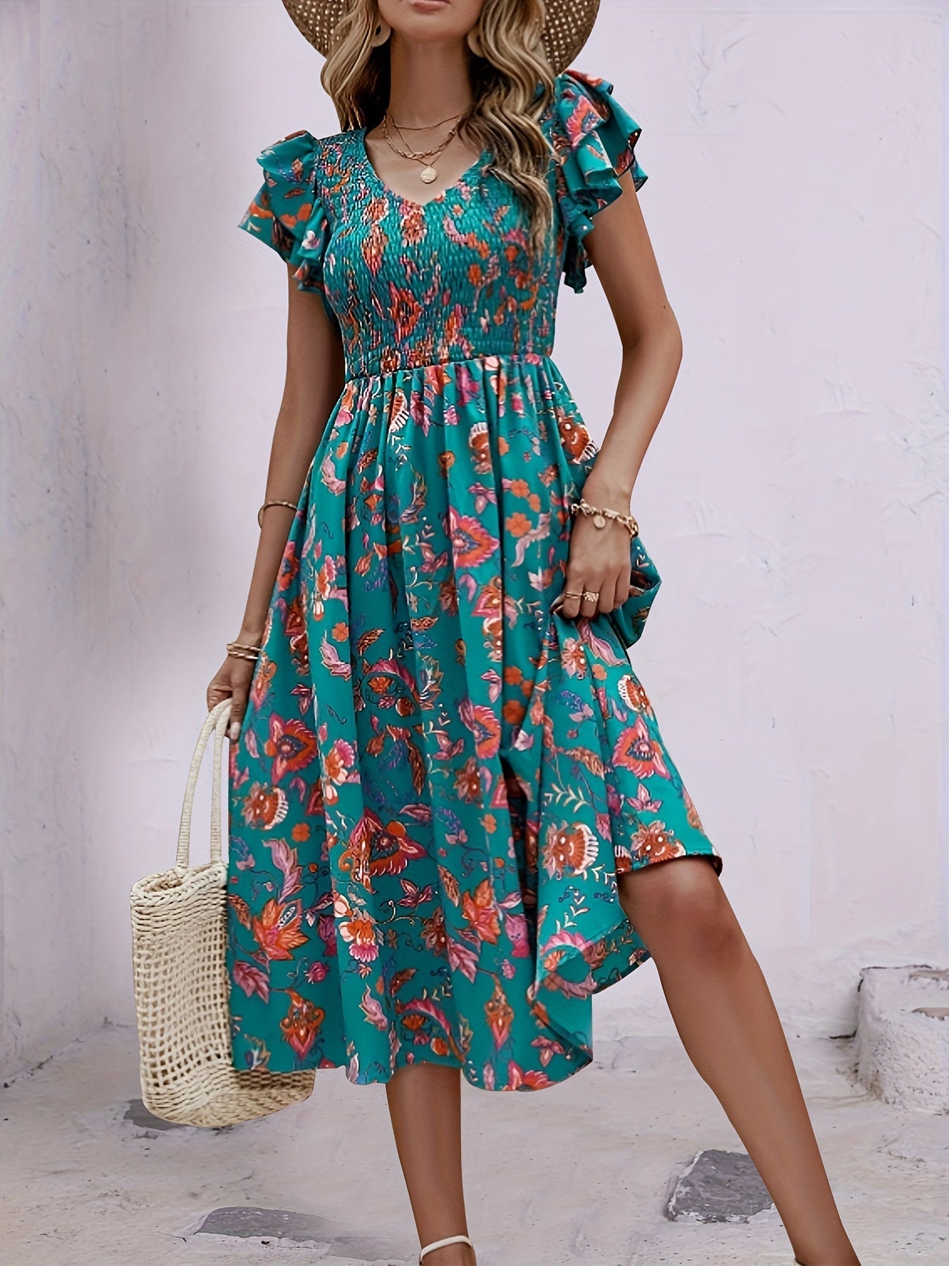 Floral Print Ruffle Dress V Neck Short Sleeve Shirred Dress