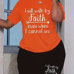 2 Pc Set Women's Plus Slogan Tee & Shorts