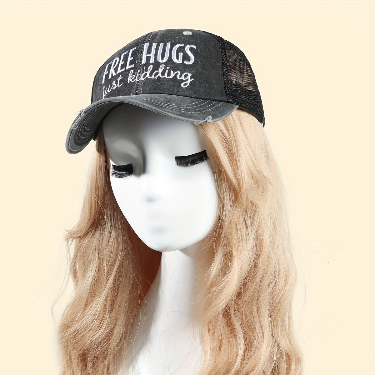 HUGS Ponytail Trucker Hats Washed Distressed Embroidery Baseball Cap
