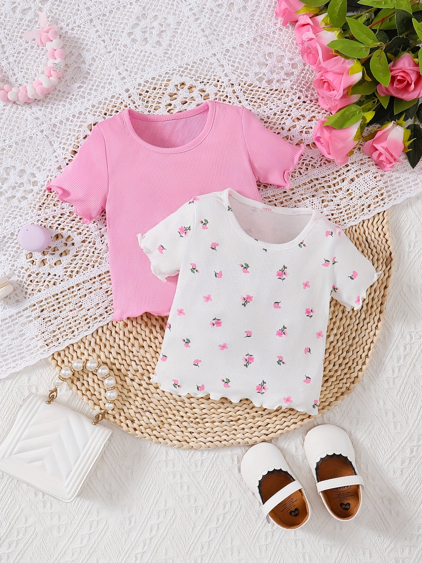 Baby Girl's Pink & Ditsy Floral All Match T shirts 2pcs Te Tops Set