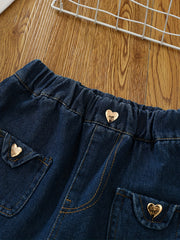 Toddler Girls Denim Shorts with Heart Button Detail