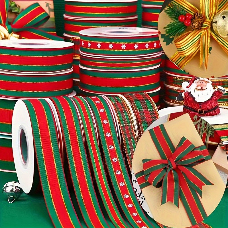 Christmas Ribbon Red Green Striped Golden Ribbon Bow Gift Wrap DIY