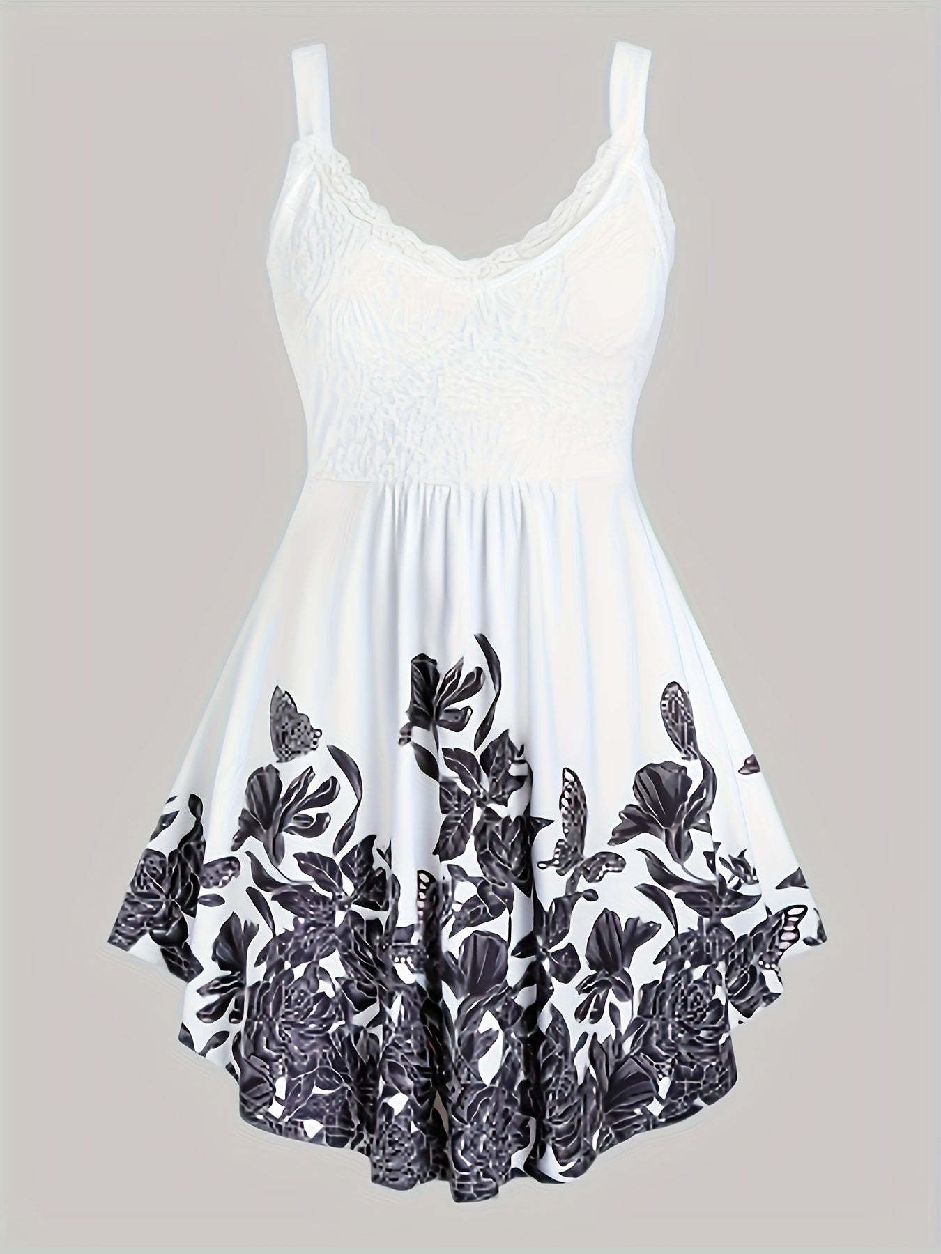 Floral Print Spaghetti Dress Sleeveless Ruched Lace Trim Casual Dress