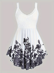 Floral Print Spaghetti Dress Sleeveless Ruched Lace Trim Casual Dress