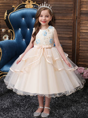 Girls Princess Dress Sleeveless Flower Embroidery Mesh Tutu Dress