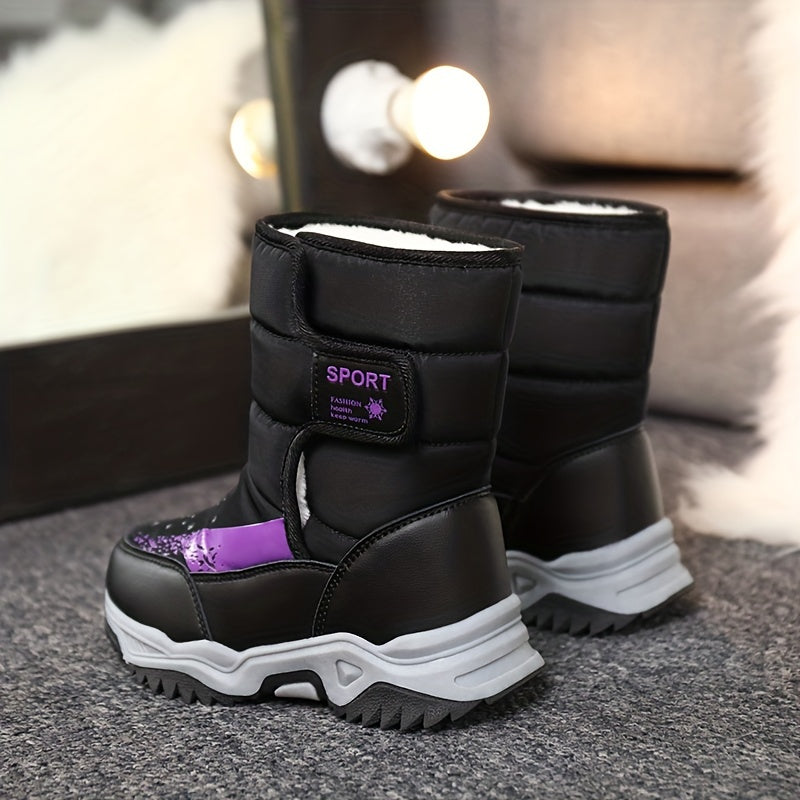 Boys Waterproof Snow Boots w/ Hook and Loop Fastener Soft Warm Fleece Boots