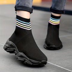 Women's Platform Sock Sneakers Striped High Top Outdoor Shoes