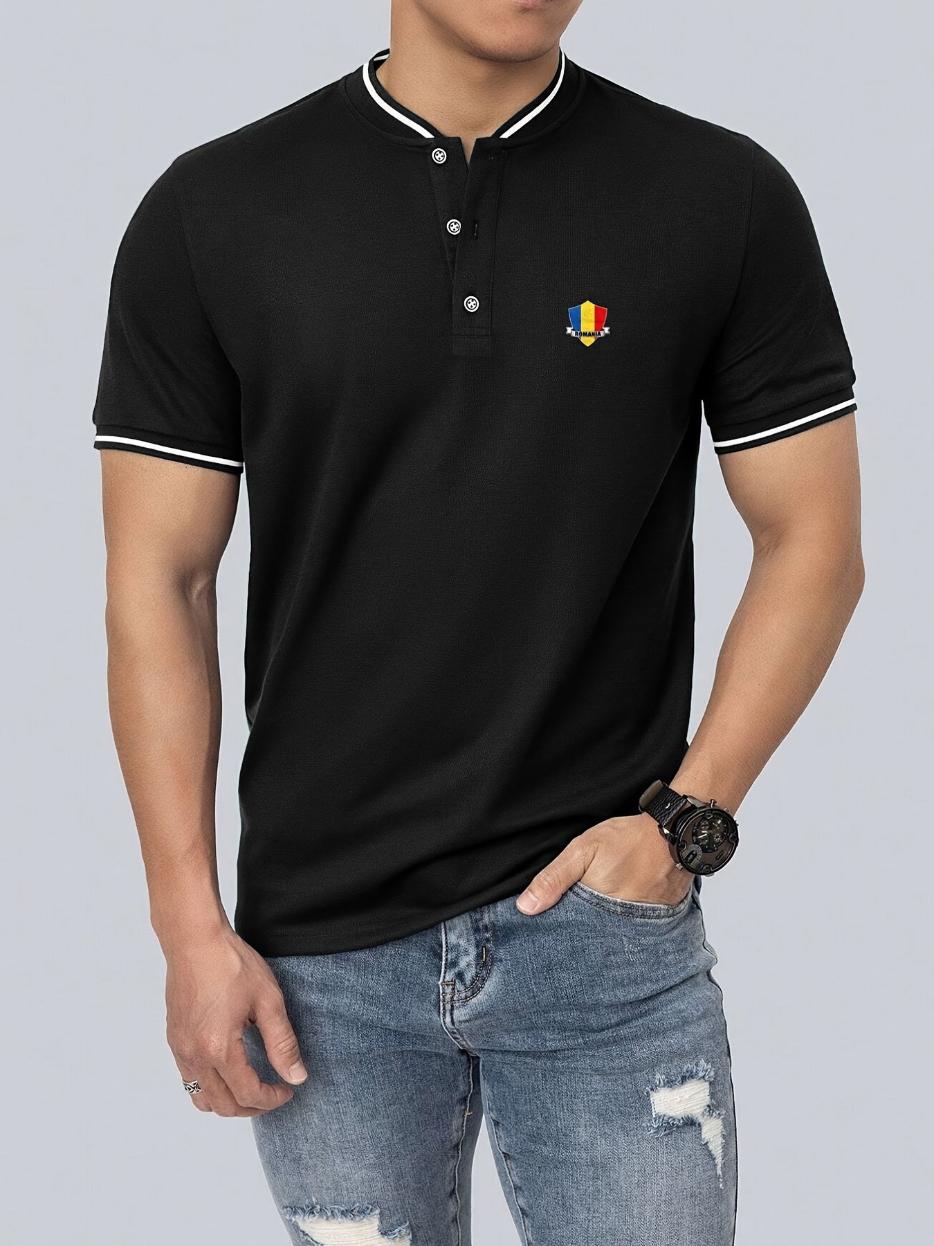 Men's Shield Print Shirt Casual Stretch Button Up Short Sleeve Tee