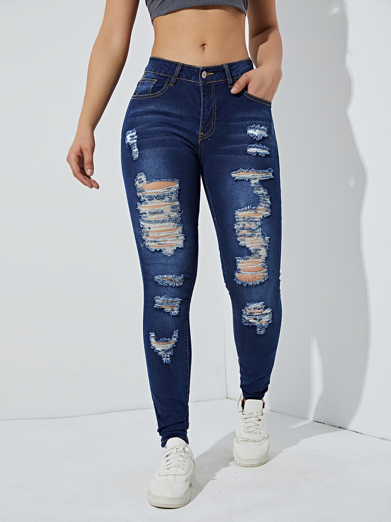 Ripped Skinny Jeans Slash Pockets Distressed High Rise Denim Pants