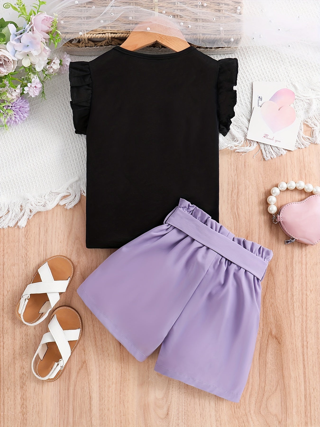 Girls Heart Print Sleeveless Top & Bow Shorts Set for Summer