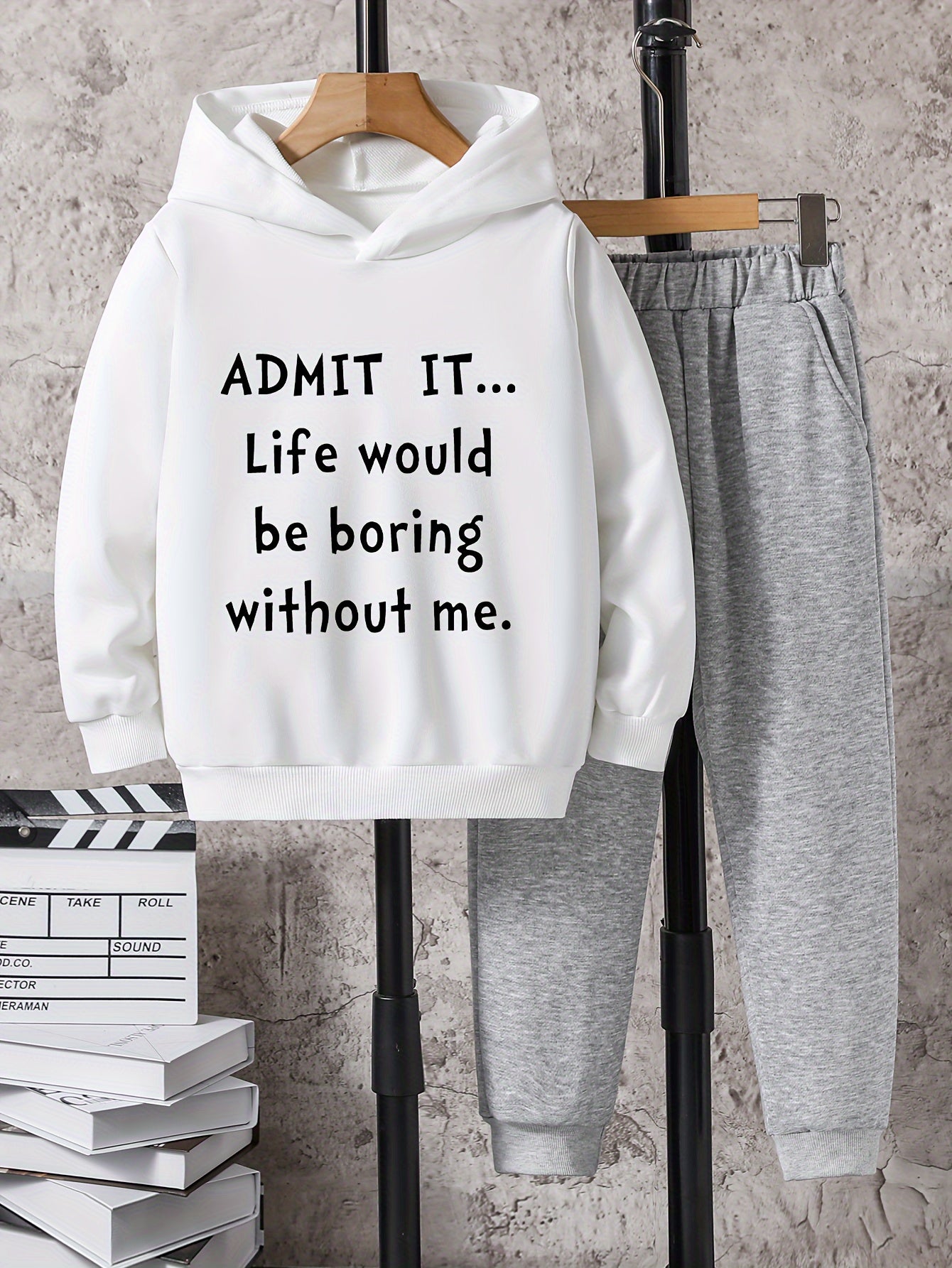Boys Hoodie & Sweatpants 2pcs LIFE WOULD BE BORING Print Casual Kids Clothes