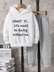 Boys Hoodie & Sweatpants 2pcs LIFE WOULD BE BORING Print Casual Kids Clothes