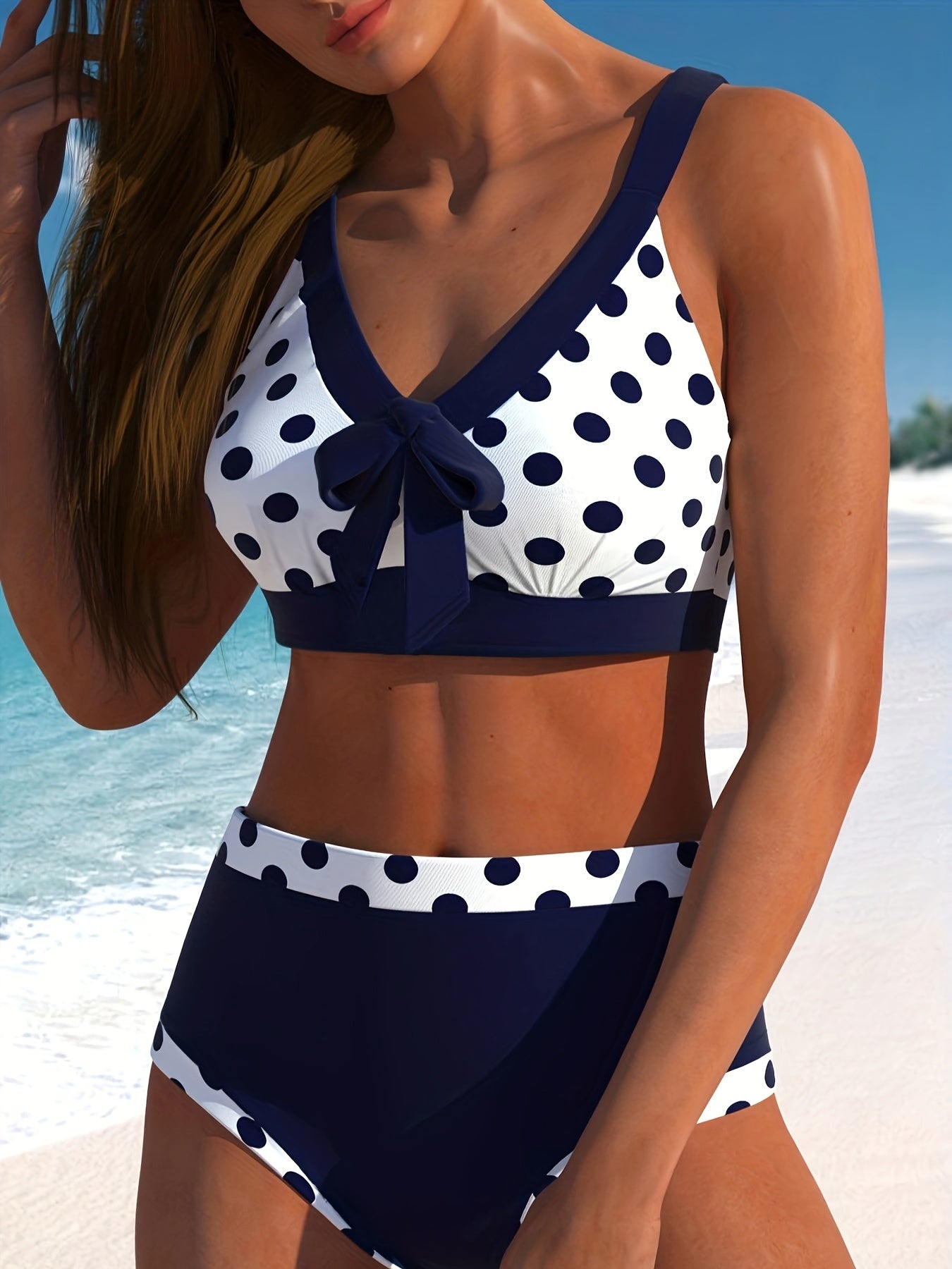 Boho Bikini Set Polka Dot Print Tie Front V Neck Bra & Pa