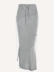Knitted Drawstring Waist Side Shirring Skirt Casual Ankle Skirt