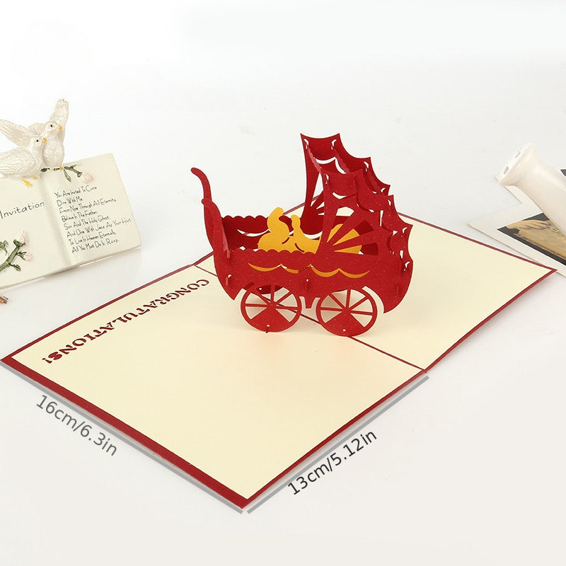 3D Paper Carving Baby Carriage Greeting Card