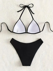 V Neck Bikini Sets Tie Back Backless High Cut Two Pieces Swimsuit