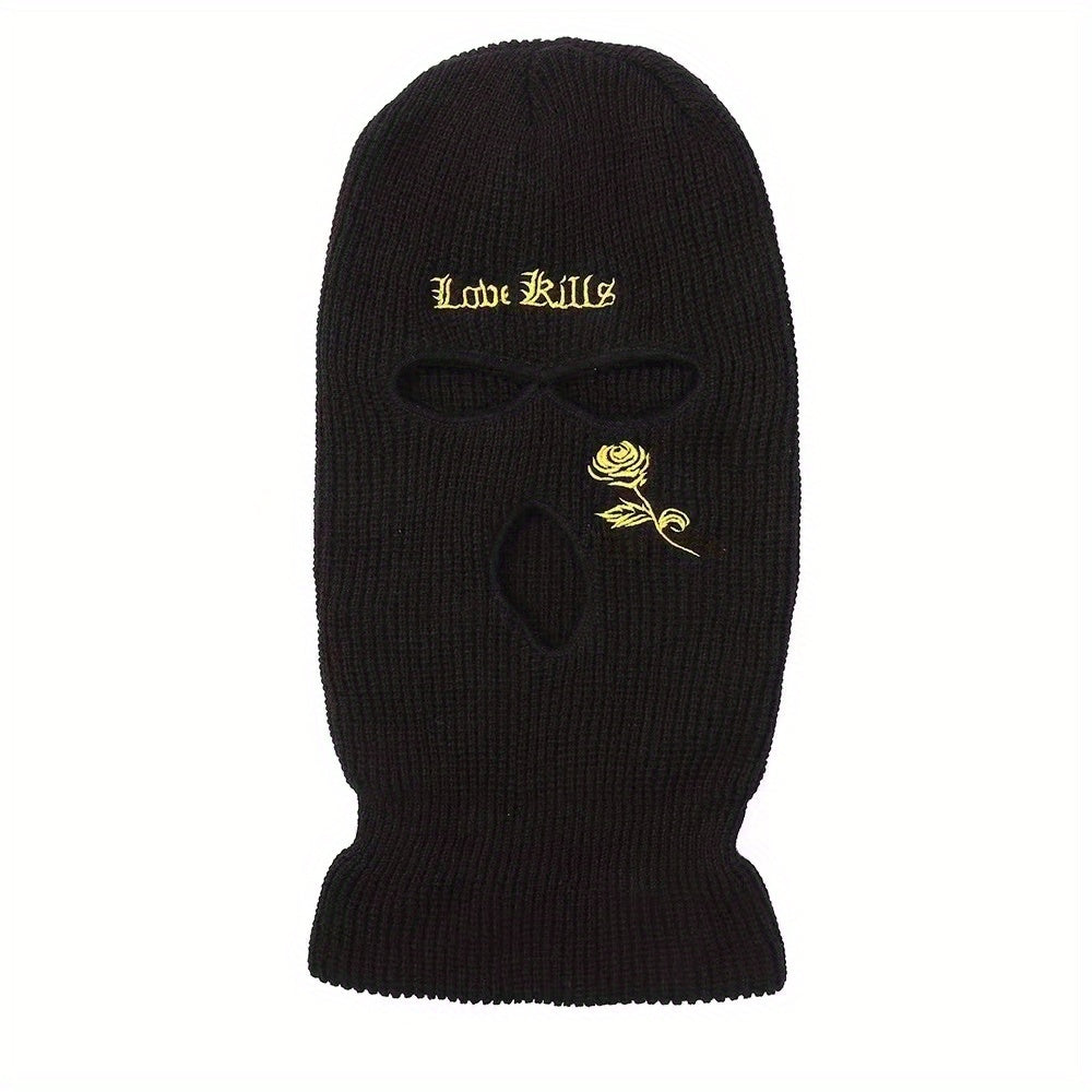 Rose Embroidery 3 Hole Ski Mask Winter Balaclava Neck Protector