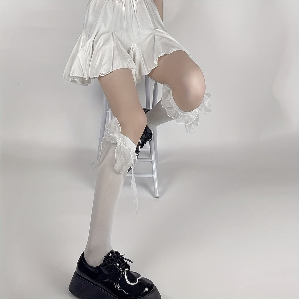 Bow Lace Trim Calf Socks Knee High Socks Women's Stockings