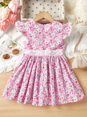 Toddler Girls Flutter Sleeve Lace Trim Flowers Graphic Princess Dress