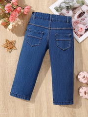 Girls' Embroidered Denim Stretch Pants, Cropped Length