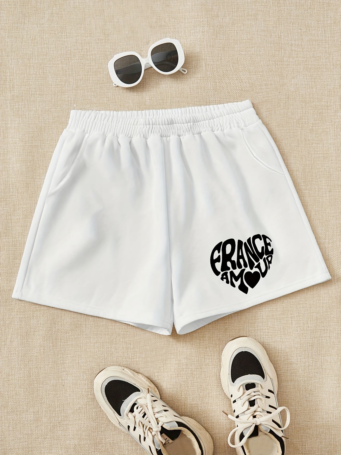 Girls Heart Print Casual Sweat Shorts Elastic Waist Work Out Shorts