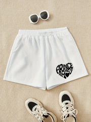 Girls Heart Print Casual Sweat Shorts Elastic Waist Work Out Shorts