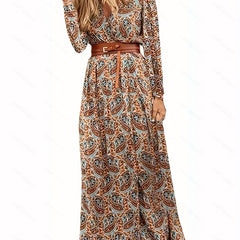 Paisley Print V Neck Dress Boho Long Sleeve High Waist Maxi Dress