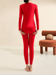 Solid Thermal Underwear Set Crew Neck Tops & Pants Women's Loungewear
